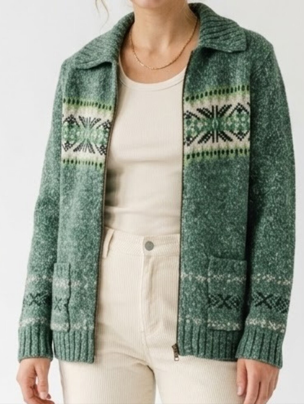 Woolrich Vintage Wool Blend Full Zip Cardigan Spruce Nordic Elbow Sleeve Large